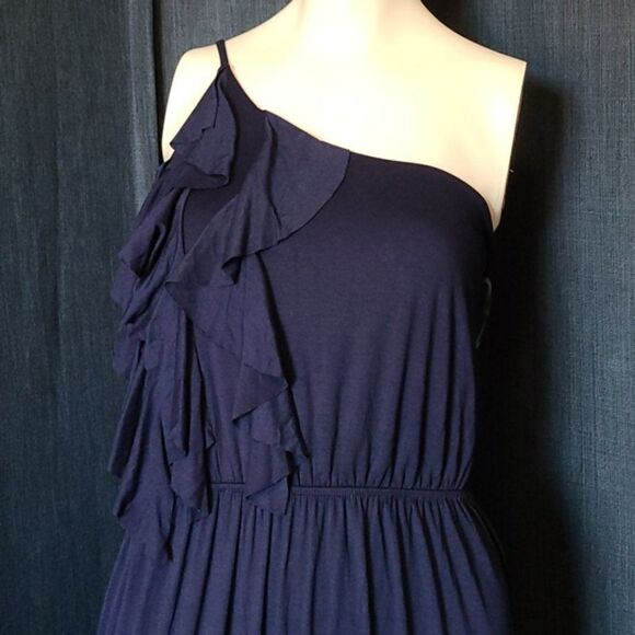 Modcloth Vertical Wave Navy Blue Ruffled Maxi Dress One Shoulder Fit & Flare - Picture 8 of 9